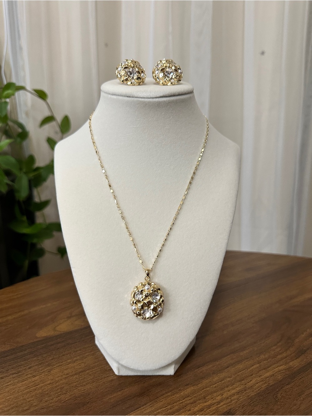 Gold Floral Crystal Pendant Necklace and Stud Earrings Set